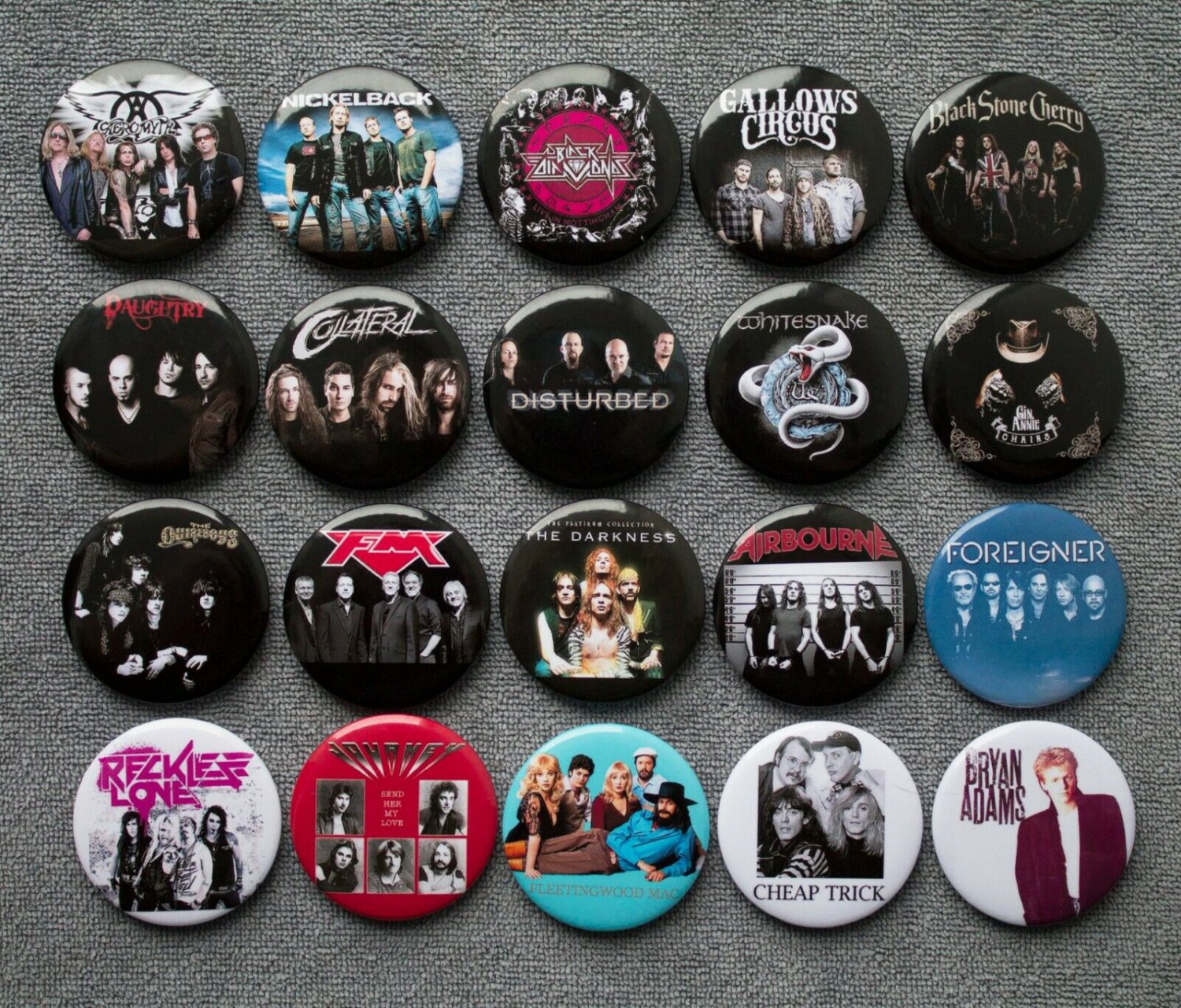 Pin button badges musical rock bands.  set of 20 pieces.