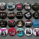 Pin button badges musical rock bands.  set of 20 pieces.