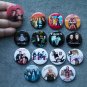 Pin button badges musical bands 80 years. set of 15 pieces.