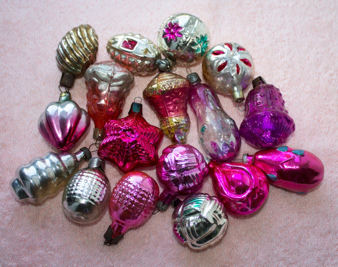 Vintage New Year Christmas Decorations set of 17 Christmas Tree toys of the USSR.