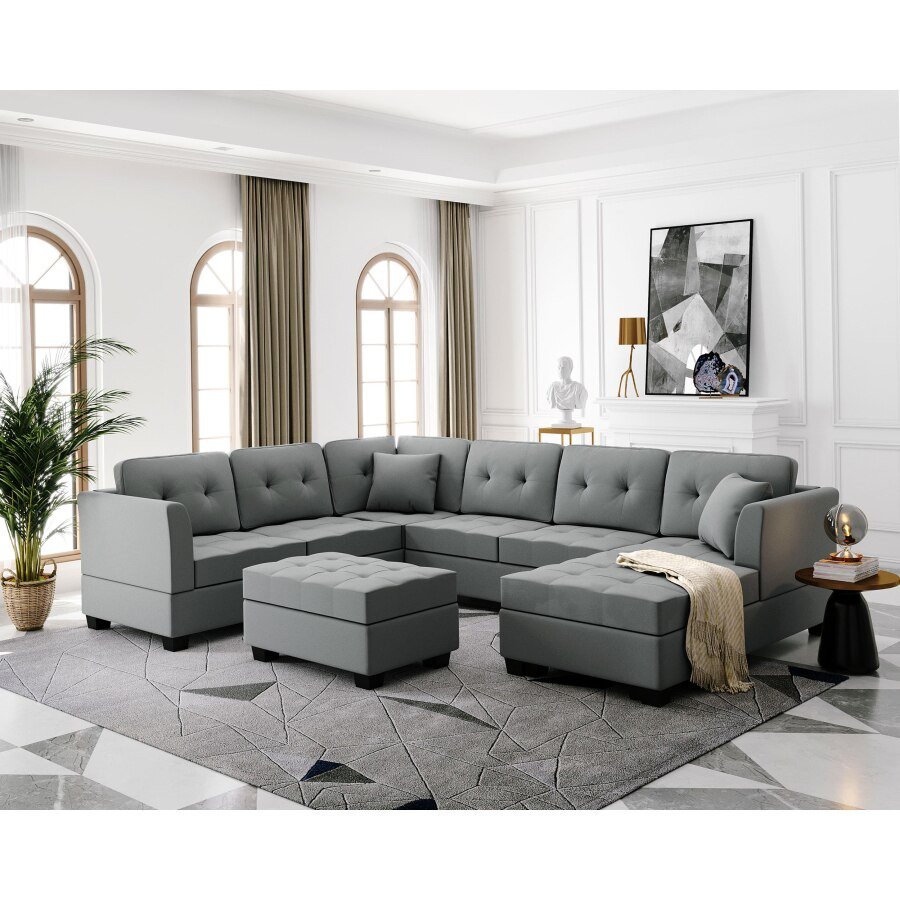 Sectional Sofa with Two Pillows, U-Shape Upholstered Couch with Storage Ottoman for Living Room