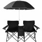 Portable Folding Picnic Double Chair Umbrella Set Height Adjustable Waterproof Polyester Fabric