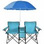 Portable Folding Picnic Double Chair Umbrella Set Height Adjustable Waterproof Polyester Fabric
