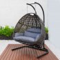 Charcoal Wicker Hanging Two Seat Swing Chair with Stand w/ Dusty Blue Seat Cushion