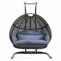 Charcoal Wicker Hanging Two Seat Swing Chair with Stand w/ Dusty Blue Seat Cushion