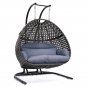Charcoal Wicker Hanging Two Seat Swing Chair with Stand w/ Dusty Blue Seat Cushion