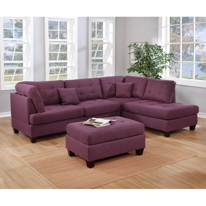 L Shape Reversible Sectional Sofa Modern Living Room Sofa 3pc Set Polyfiber Couch with Ottoman