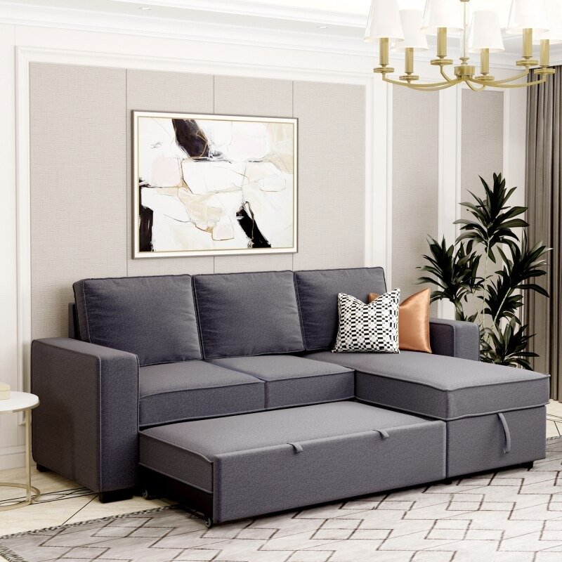 91" Reversible Pull out Sleeper Sectional Storage Sofa Bed,Corner Sofa-Bed with Storage Chaise