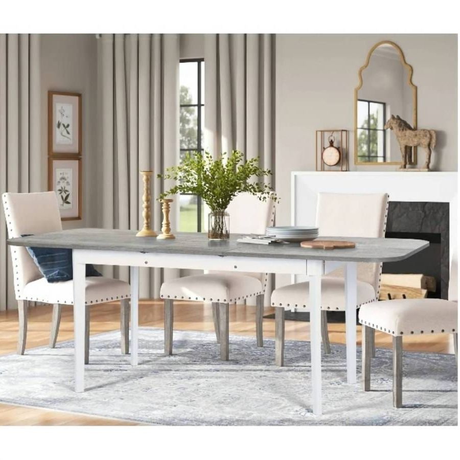 Extendable Dining Table, Removable Self-Storing Leaf, Grey wood table & white legs