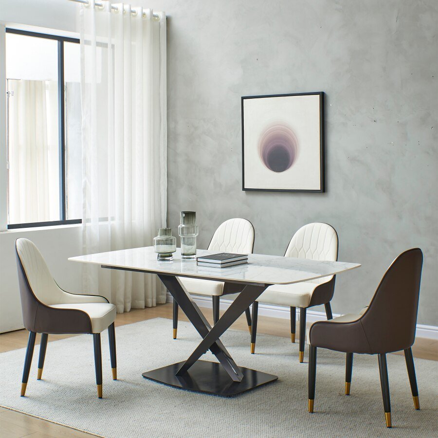 Modern Rectangular Dining Table Sintered Stone White Dining Table with Black X-Shaped