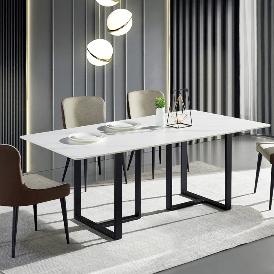 71in/63in Rectangular Stone Dining Table, Black Metal Frame, Curved Corners, White Modern