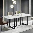 71in/63in Rectangular Stone Dining Table, Black Metal Frame, Curved Corners, White Modern