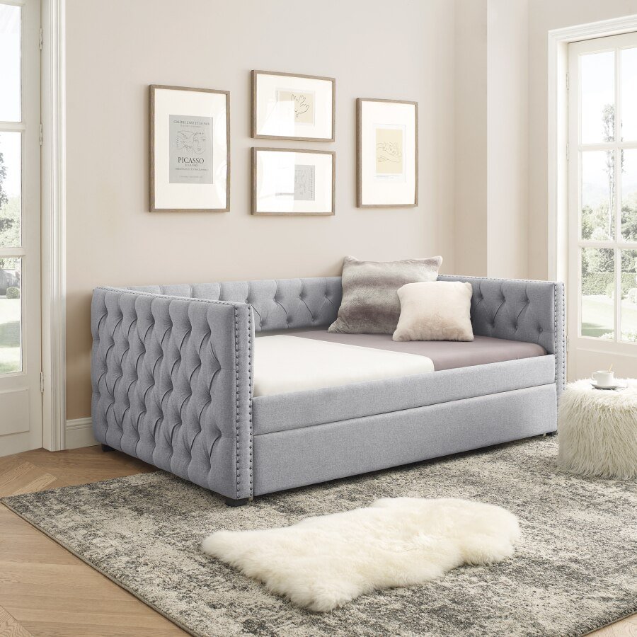 Daybed with Trundle Upholstered Tufted Sofa Bed, with Button and Copper ...