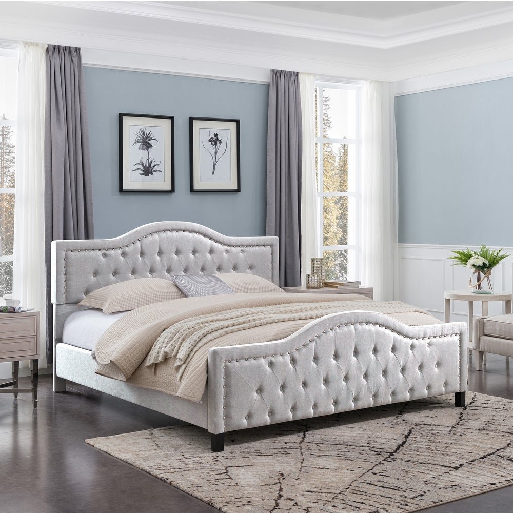 Traditional King Birch Frame Flat Bed 100% Polyester Fabric Bed Arched Headboard - Light Grey