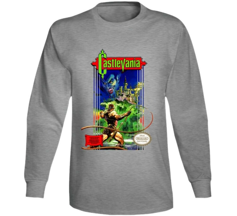 Castlevania Nes Box Art Retro Video Game Grey Long Sleeve T Shirt