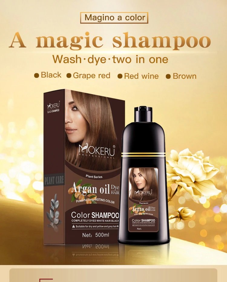 Mokeru 500ml Natural Argan Oil Essence Instant Permanent Dark Brown Hair Dye Shampoo Women