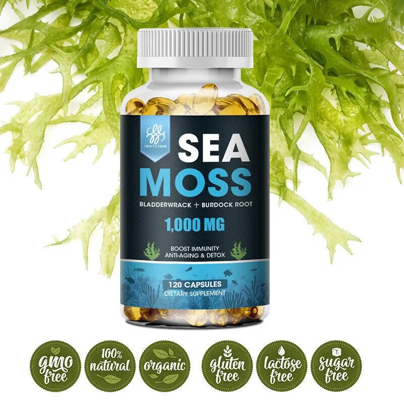 Organic Sea Moss 120 Caps Irish Sea Moss bladderwrack & Burdock Root Anti Aging Detox