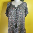 Women Faded Glory 3x 22w 24w Short Sleeve Sweater Draw string Cutout back Floral Green Top