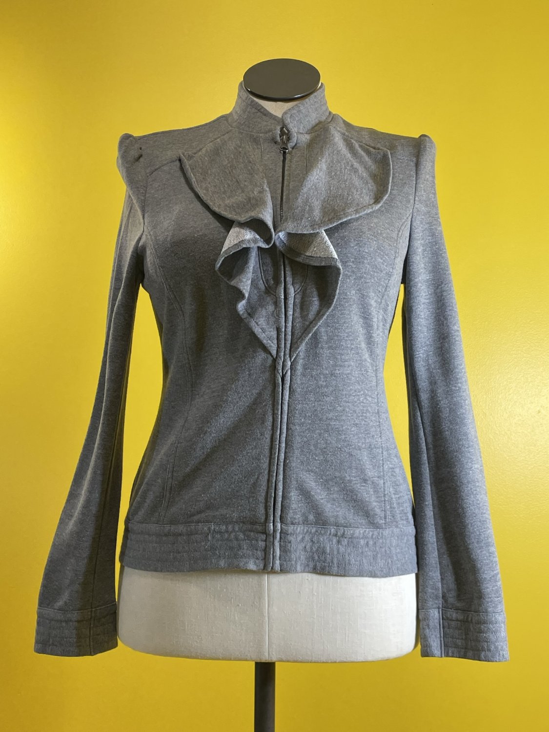 Women GNW Medium Gray Blazer Jacket Flounce Trim Ruffle Zip Closure