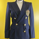 Linda Allard Ellen Tracy 6 100% Wool Navy Blue Gold Crest Blazer Double Breasted