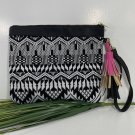 Black White Aztec Fabric Clutch Bag Pink Tan Tassel FOB 9x11 inch