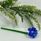 Hand Blown Art Glass Flower Blue White Green Stem Murano style petal chipped 9in
