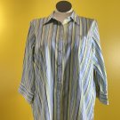 20W Lands' End Striped Button Down White Blue Yellow Green 3/4 Sleeve Collar Pocket