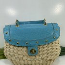 Teal Blue Wicker Gold Weaved Basket Purse Handbag 10.5x6.5 inches