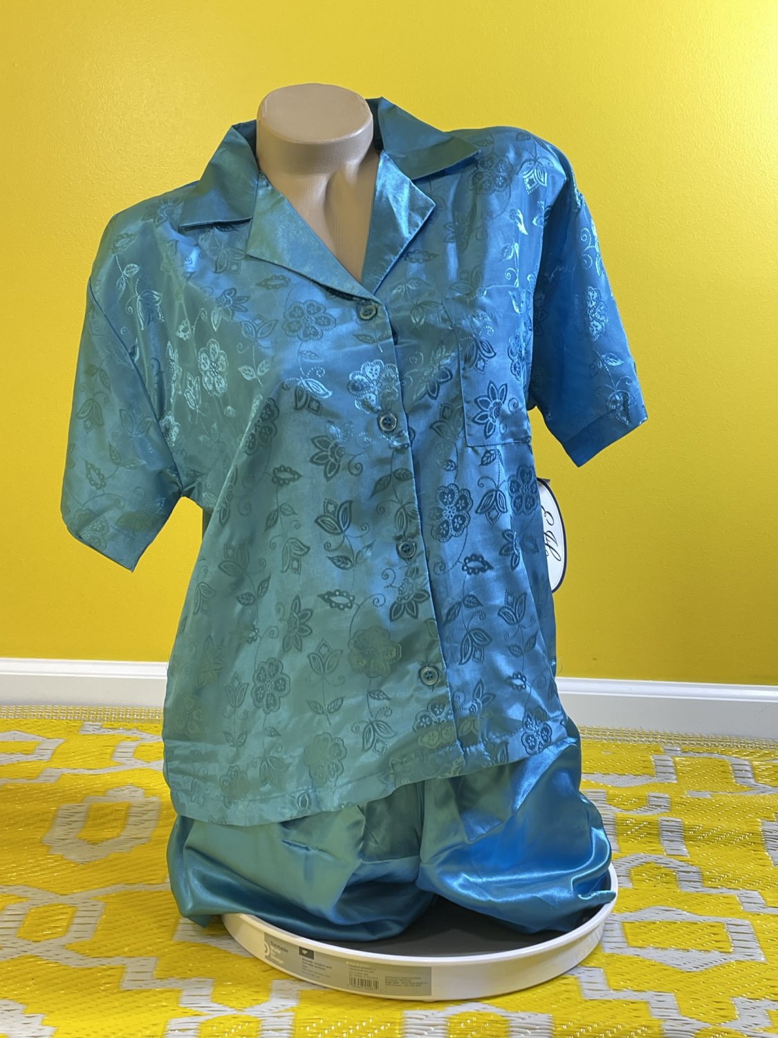 New EJC Intimates M Polyester Teal Short Sleeve Button Down Satin Sleepwear PJ Set