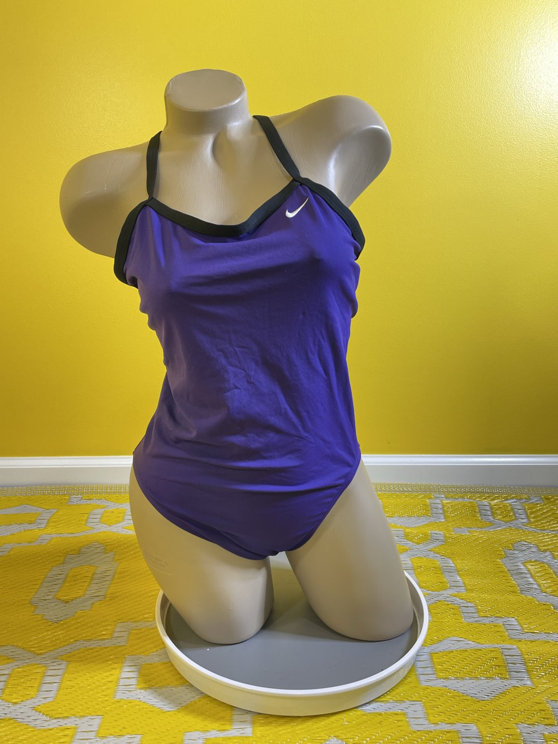 New Nike Women 10 Black Purple White 1 Piece Swimsuit Open Back