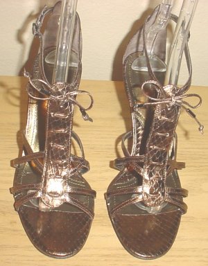 NIB VIA SPIGA GLADIATOR HEELS Metallic Leather SANDALS 8.5 BRONZE Snakeskin Shoes