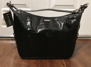 NWT Lauren RALPH LAUREN PURSE Croc Hobo Shoulder Bag Large BLACK