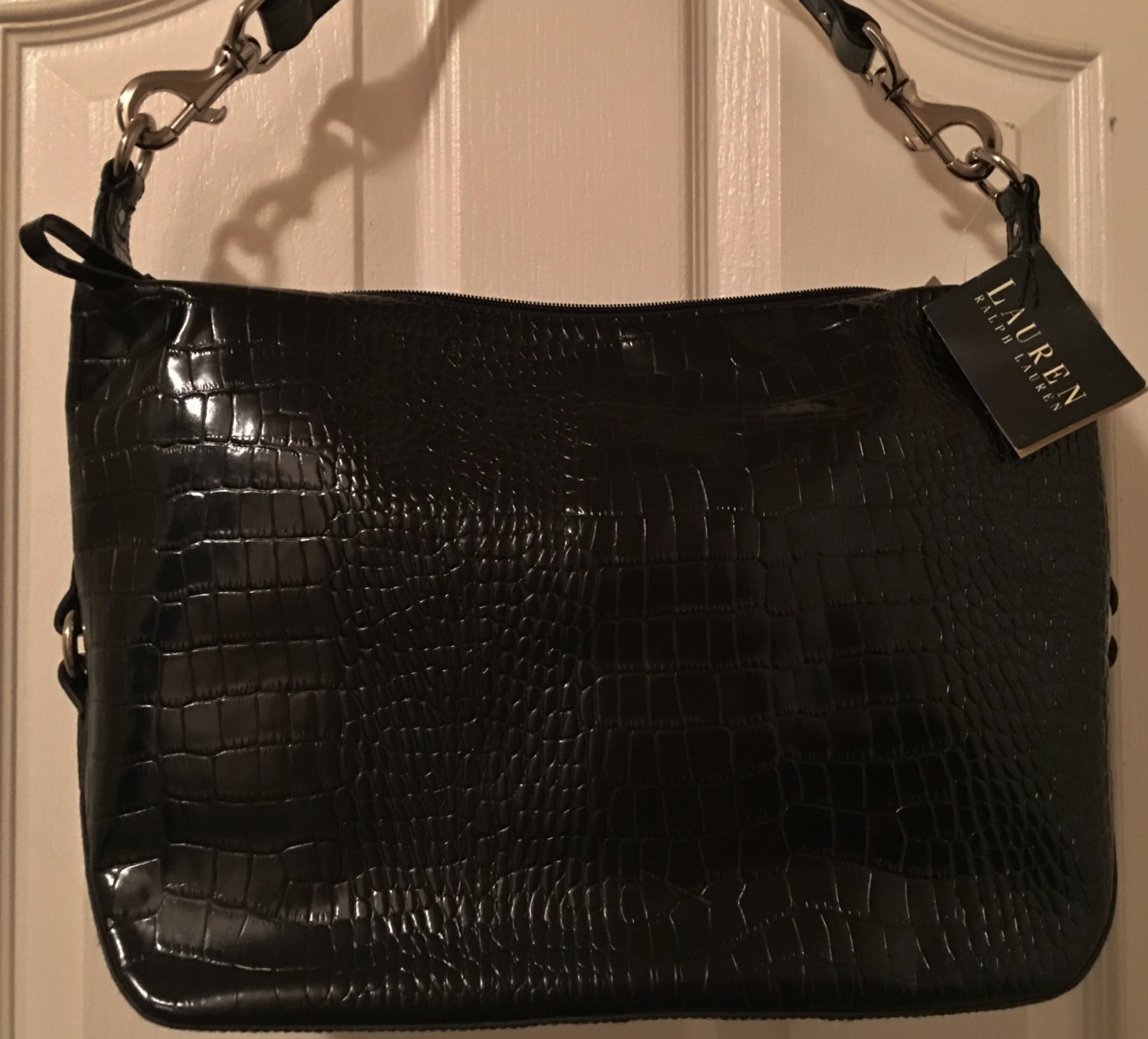 NWT Lauren RALPH LAUREN PURSE Croc Hobo Shoulder Bag Large BLACK