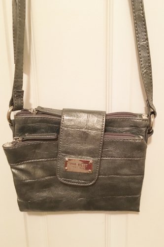 Nine West CROSSBODY PURSE Multi-Compartment Shoulder Bag ANTIQUE SILVER Croc