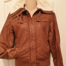 New LEATHER BOMBER JACKET Juniors Faux Fur Lined Winter Coat SMALL Brown
