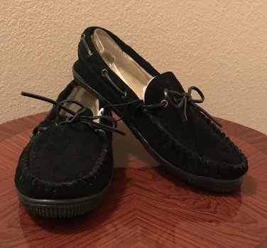 NEW Mens SLIPPERS Shearling Lined Mocs 11M Indoor/Outdoor Shoes BLACK SUEDE