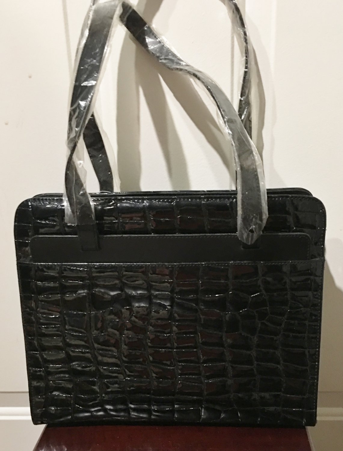 NEW Retro STRUCTURED PURSE Handbag Multi Compartment BLACK Croc Texture Bag