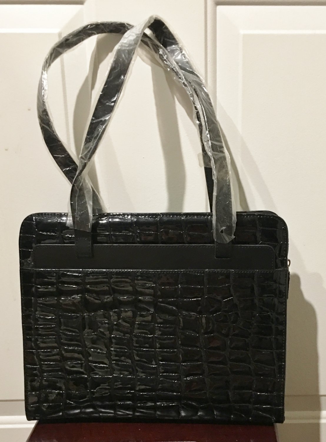NEW Retro STRUCTURED PURSE Handbag Multi Compartment BLACK Croc Texture Bag
