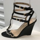 Ladies WEDGE SANDALS Caged Heels SIZE 9 BLACK Leather Shoes with Gold Studs