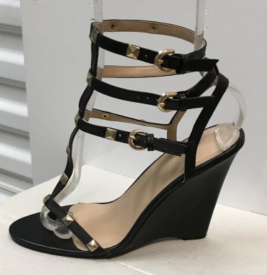 Ladies WEDGE SANDALS Caged Heels SIZE 9 BLACK Leather Shoes with Gold Studs