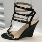 Ladies WEDGE SANDALS Caged Heels SIZE 9 BLACK Leather Shoes with Gold Studs
