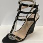 Ladies WEDGE SANDALS Caged Heels SIZE 9 BLACK Leather Shoes with Gold Studs