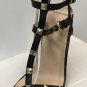 Ladies WEDGE SANDALS Caged Heels SIZE 9 BLACK Leather Shoes with Gold Studs