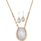 Avon White Opalesque Medallion Gift Set Necklace Pierced Earrings Jewelry Costume Goldtone Crystal