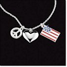 Avon Patriotic Necklace Heart Peace Sign Flag Silvertone New In Gift Box