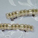 French Clip Faux Pearl and Gold tone bead Barrette Pair Hair Jewelry Vintage