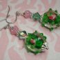 GREEN BUMPY BORO LAMPWORK ROSE SWAROVSKI CRYSTAL BALI PLATINUM PLATED EARRINGS