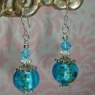 Artisan Turquoise Foil Lampwork Beaded earrings with made by Swarovski crystal elements .925 SS