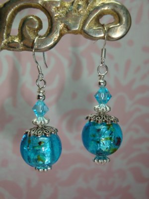 Artisan Turquoise Foil Lampwork Beaded earrings with made by Swarovski crystal elements .925 SS