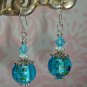 Artisan Turquoise Foil Lampwork Beaded earrings with made by Swarovski crystal elements .925 SS